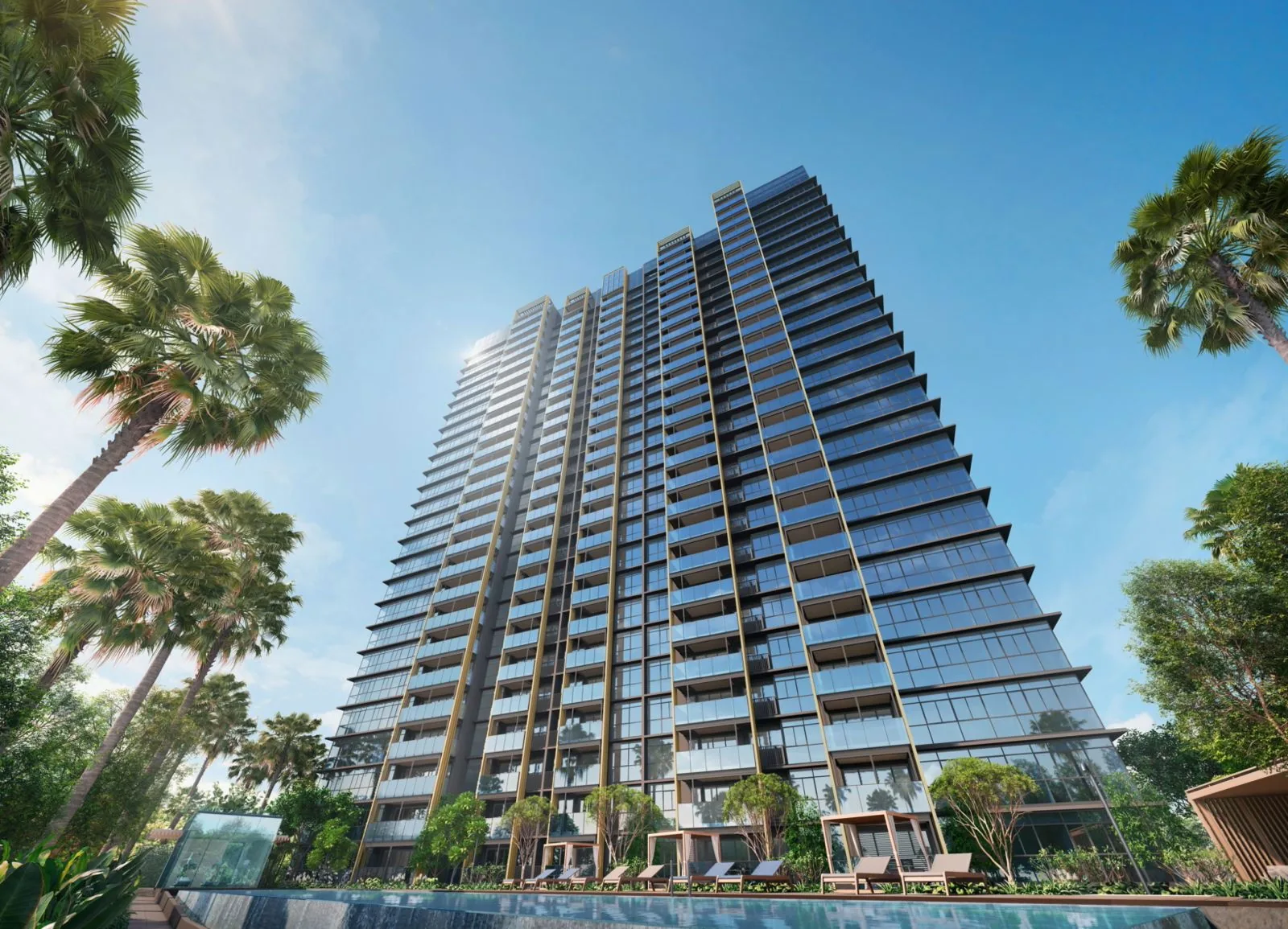 Meyer Blue, artist’s impression: the 26-storey glass tower rising above palms and trees, its balconies framed in bronze-toned fins against a clear sky