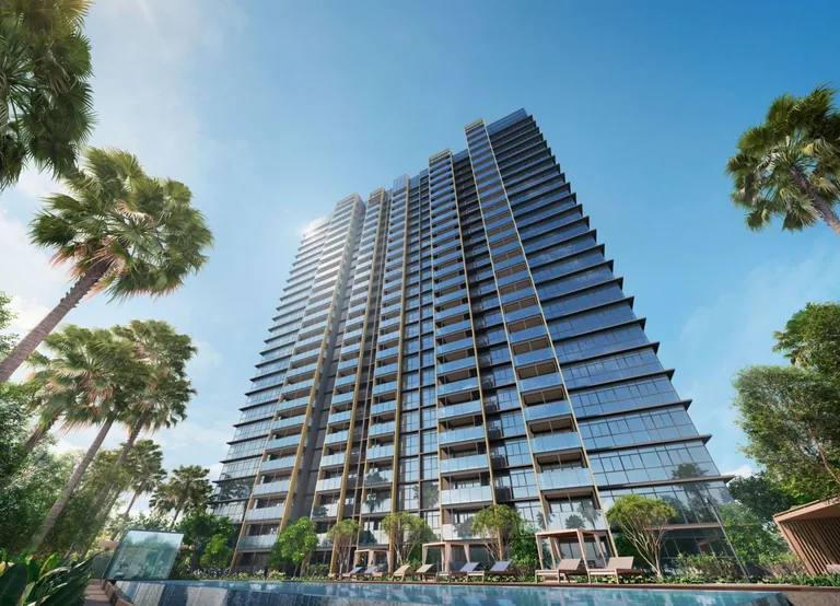 Meyer Blue, artist’s impression: the 26-storey glass tower rising above palms and trees, its balconies framed in bronze-toned fins against a clear sky