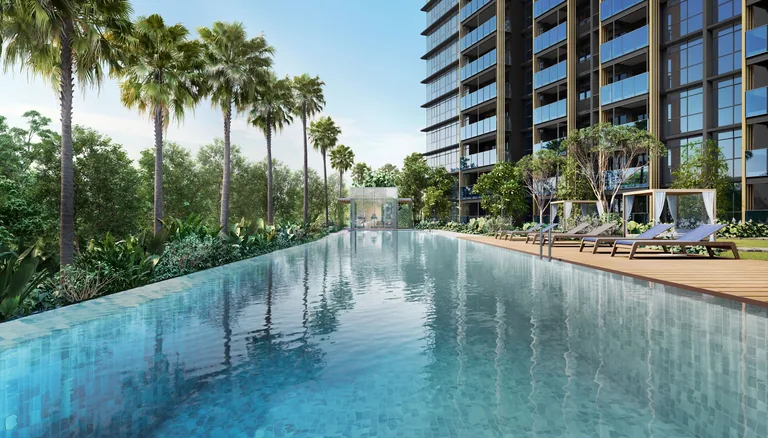 Meyer Blue, artist’s impression: the 40-metre lap pool lined with palms and sun loungers, with the tower rising at the far end