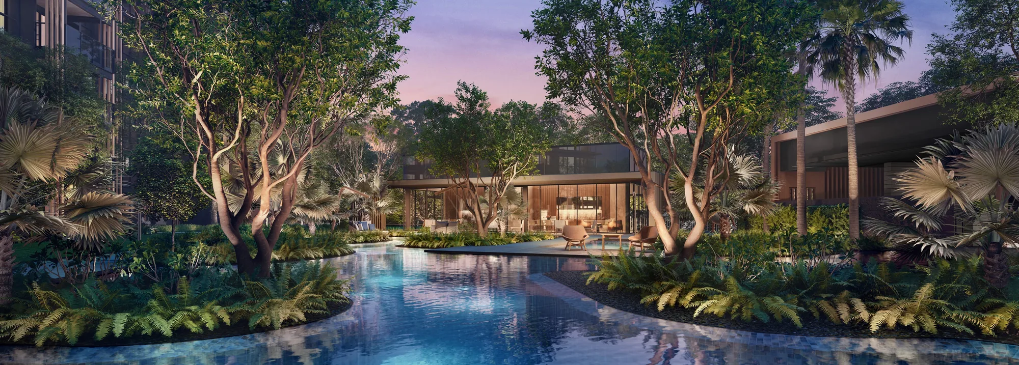 Meyer Blue, artist’s impression: the Archipelago Pool at dusk, its islands of trees and planting lit from below, with a lantern-lit pavilion beyond