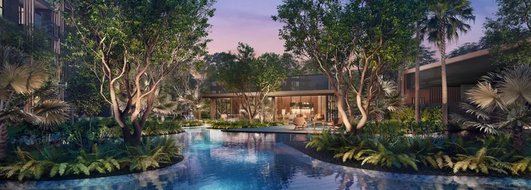 Meyer Blue, artist’s impression: the Archipelago Pool at dusk, its islands of trees and planting lit from below, with a lantern-lit pavilion beyond