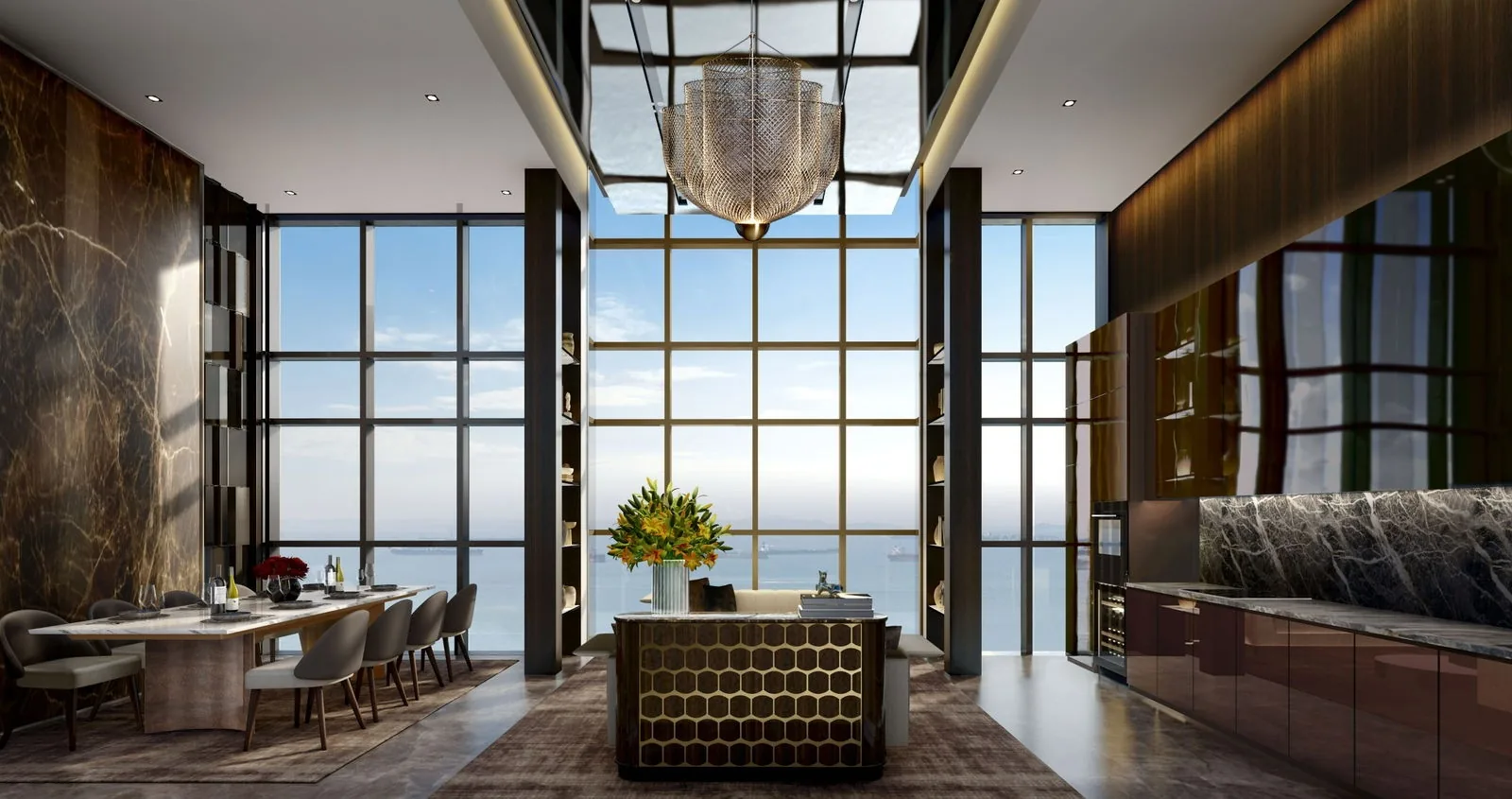 Meyer Blue, artist’s impression: the Club Lounge on the 26th storey, a double-height room with a sculptural chandelier, a dining table and tall windows to the sea