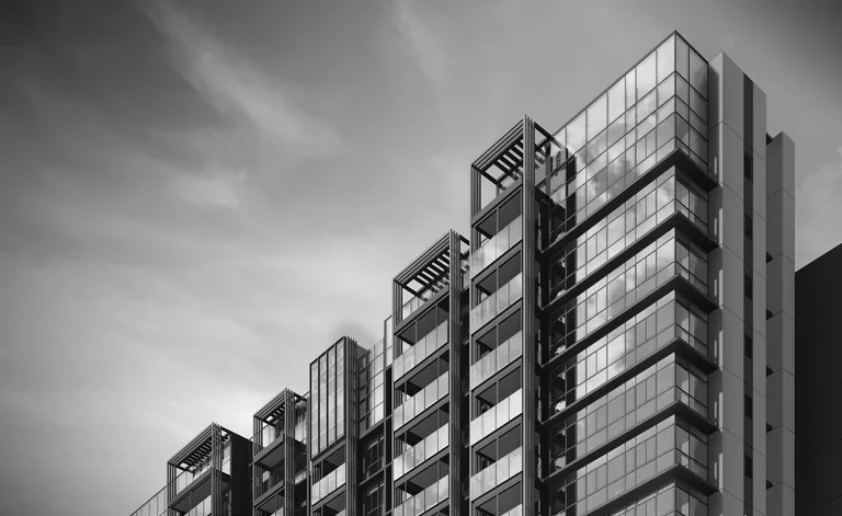 Meyer Blue, artist’s impression: a black-and-white study of the tower's facade, the balconies stepping back in layers against a cloudy sky