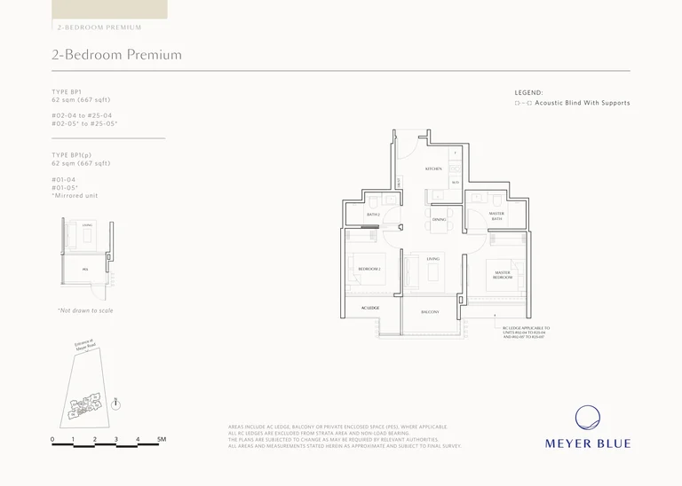 Meyer Blue floor plan, Type BP1 (2-Bedroom Premium): 2 bedrooms, 62 sq m (667 sq ft), 50 homes, stacks 04 and 05, 1st to 25th storey (BP1(p) with a PES on the 1st) (developer drawing with key plan)