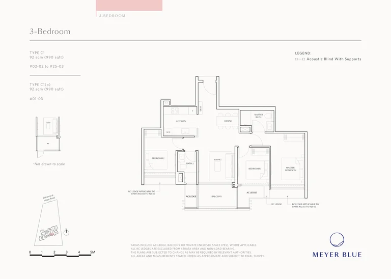 Meyer Blue floor plan, Type C1 (3-Bedroom): 3 bedrooms, 92 sq m (990 sq ft), 25 homes, stack 03, 1st to 25th storey (C1(p) on the 1st) (developer drawing with key plan)
