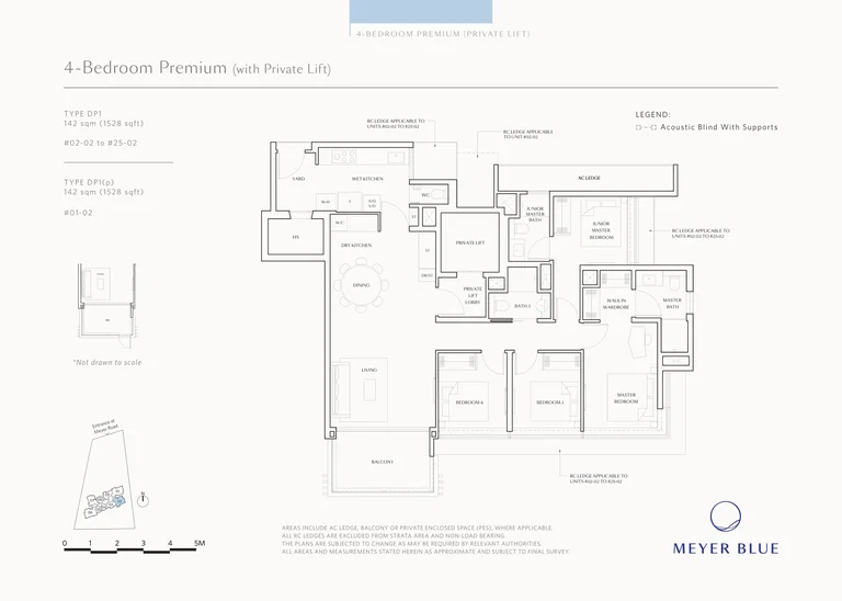 Meyer Blue floor plan, Type DP1 (4-Bedroom Premium, private lift): 4 bedrooms, 142 sq m (1,528 sq ft), 25 homes, stack 02, 1st to 25th storey (DP1(p) on the 1st) (developer drawing with key plan)