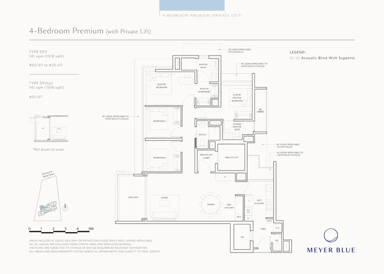 Meyer Blue floor plan, Type DP2 (4-Bedroom Premium, private lift): 4 bedrooms, 141 sq m (1,518 sq ft), 25 homes, stack 07, 1st to 25th storey (DP2(p) on the 1st) (developer drawing with key plan)