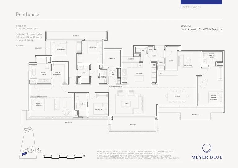 Meyer Blue floor plan, Type PH1 (Penthouse): 5 bedrooms + family area, 278 sq m (2,992 sq ft), 1 home, #26-05, with a 42 sq m (452 sq ft) strata void above the living and dining (developer drawing with key plan)
