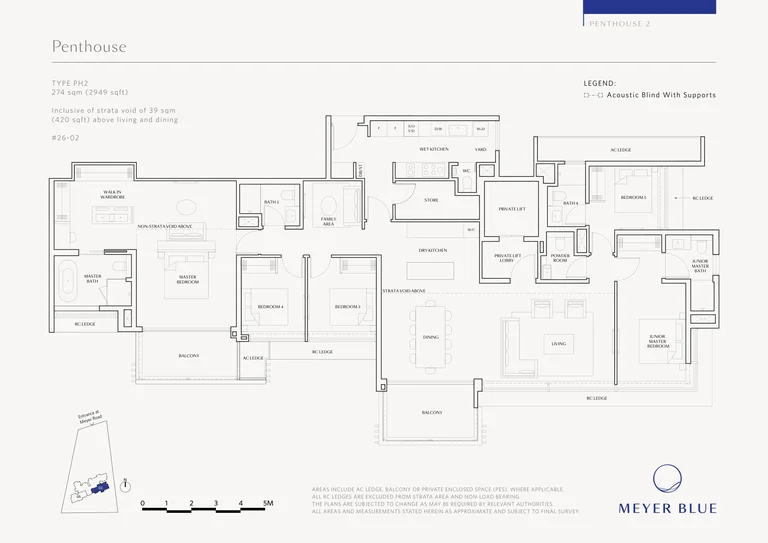 Meyer Blue floor plan, Type PH2 (Penthouse): 5 bedrooms + family area, 274 sq m (2,949 sq ft), 1 home, #26-02, with a 39 sq m (420 sq ft) strata void above the living and dining (developer drawing with key plan)