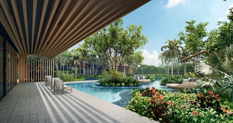 Meyer Blue, artist&rsquo;s impression: the covered walkway outside the function rooms, timber fins casting shadows towards the pool and tropical planting