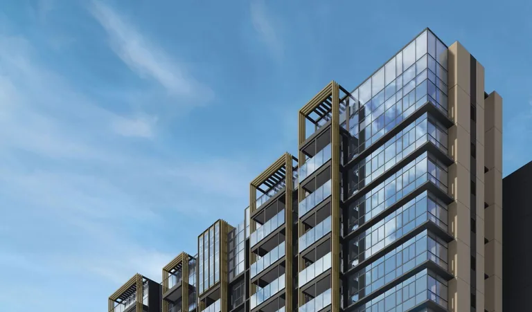 Meyer Blue, artist’s impression: the glass facade of the tower in close view, its stacked balconies and bronze-toned frames catching the light