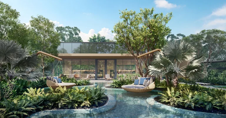 Meyer Blue, artist&rsquo;s impression: the Island Oasis Deck, rattan day beds set on islands in the pool among palms, with a glass pavilion behind
