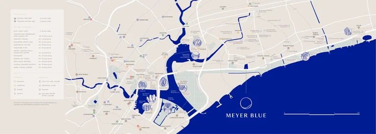 Meyer Blue location map (developer drawing): the site on Meyer Road beside the coast, with the MRT stations, schools, parks and the city within about 3 km