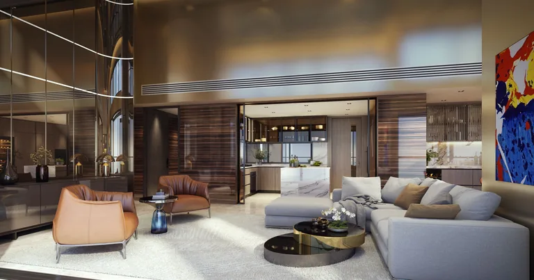 Meyer Blue, artist’s impression: a penthouse living and dining room under a double-height ceiling, with tall windows looking out to the sea
