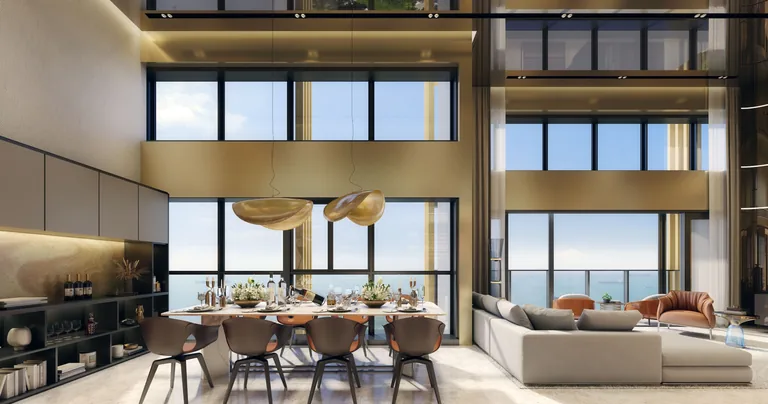 Meyer Blue, artist’s impression: a penthouse living room with deep sofas, a marble-topped coffee table and a wall of glass