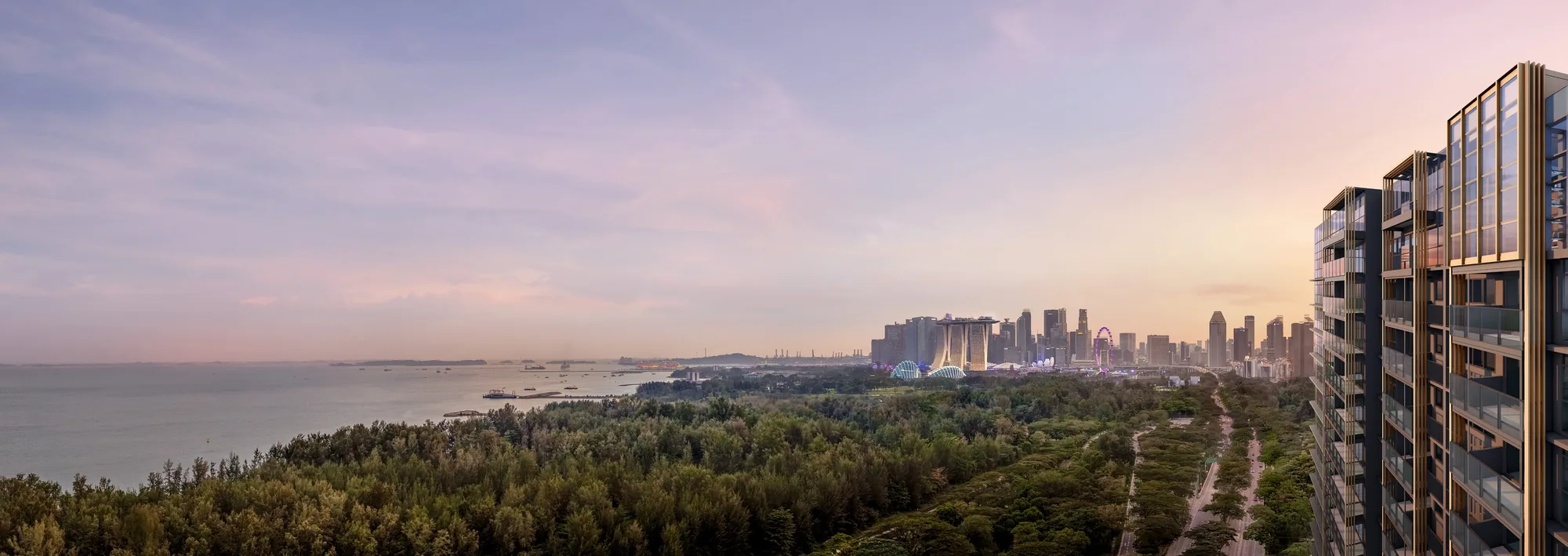 Meyer Blue, artist’s impression: the sea and the East Coast shoreline at sunset from a high floor, with the Marina Bay skyline on the horizon and the glass tower at the right