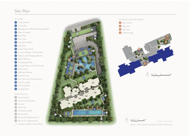 Meyer Blue site plan (developer drawing): the tower and grounds at 83 Meyer Road with the 21 first-storey facilities numbered in the legend, and The Meyer Club on the 26th storey