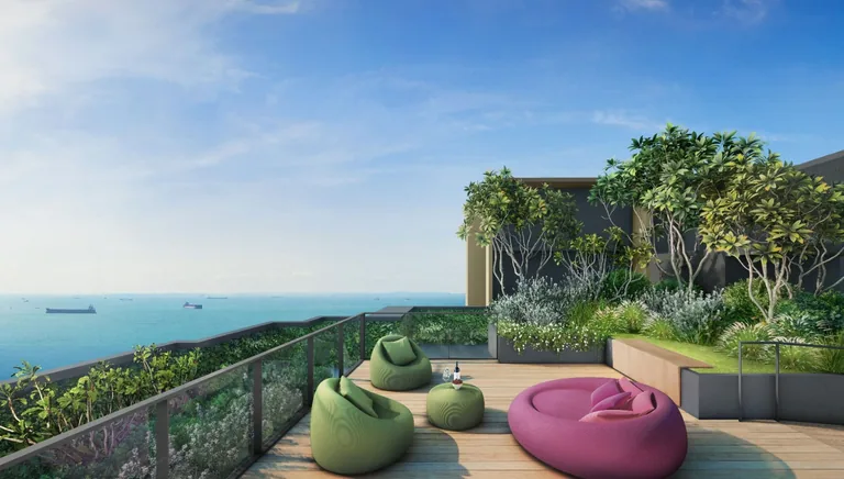 Meyer Blue, artist&rsquo;s impression: the Sky Terrace, bean-bag seats on a timber deck beside planters, looking out over the sea