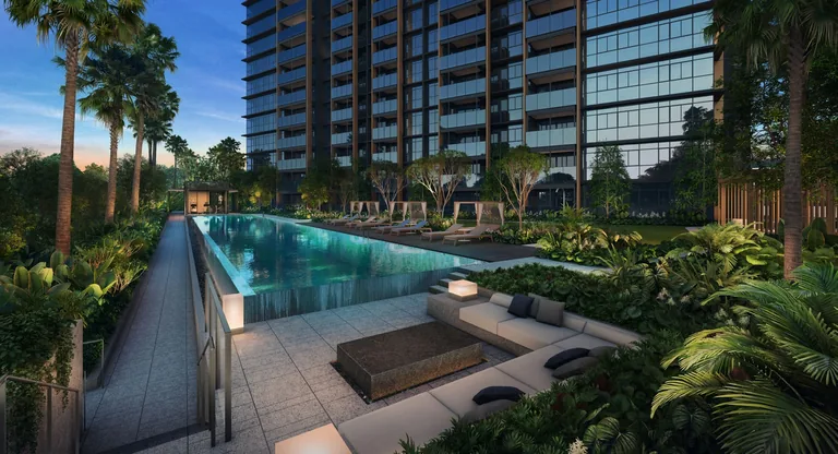 Meyer Blue, artist&rsquo;s impression: the sunken Social Lounge beside the lap pool at dusk, low sofas set among planting below the tower