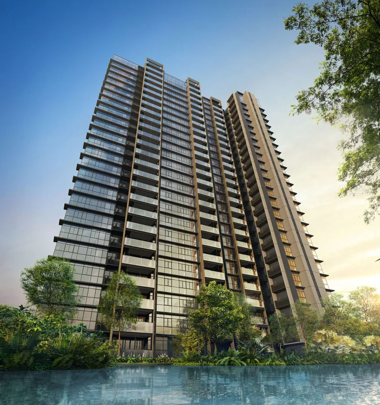 Meyer Blue, artist’s impression: the full height of the tower seen across the pool, with trees at its foot and the sky reflected in its glass