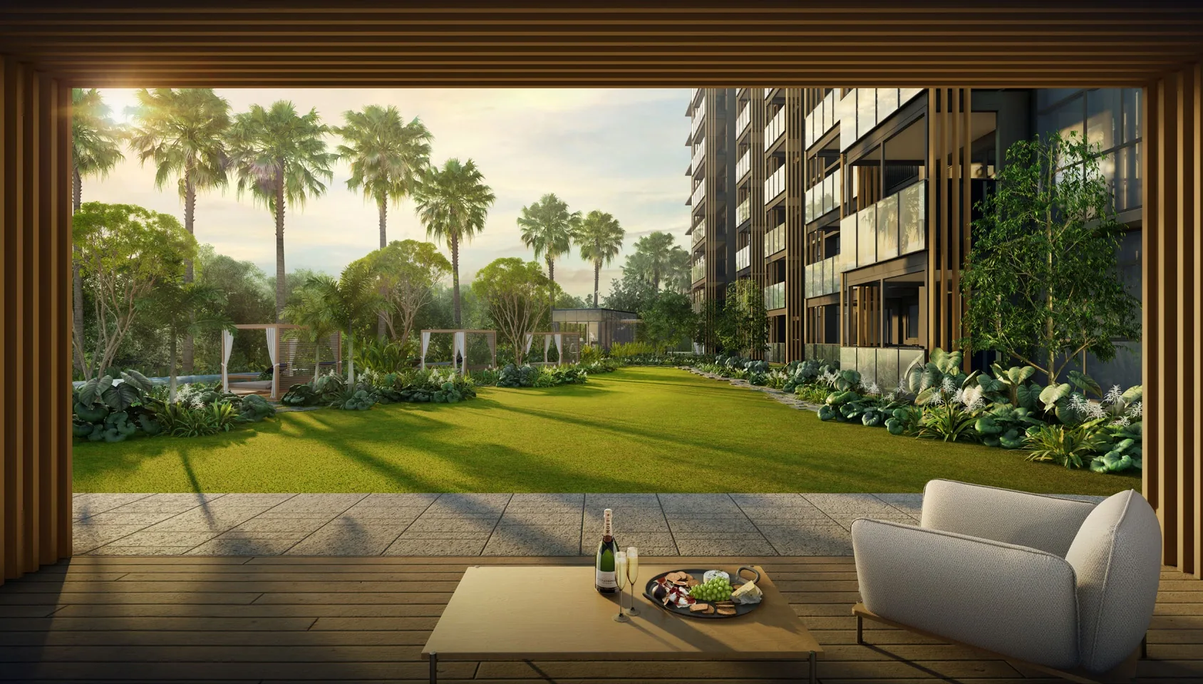 Meyer Blue, artist’s impression: the Wellness Pavilion, a timber-framed room opening onto a long lawn edged with palms, with the tower behind